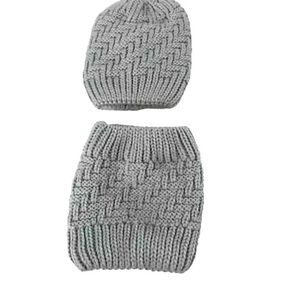 Women's Winter Hat-Scarf Thicken Lining Knitted Hat Neck Warmer Shawl Gray Solid